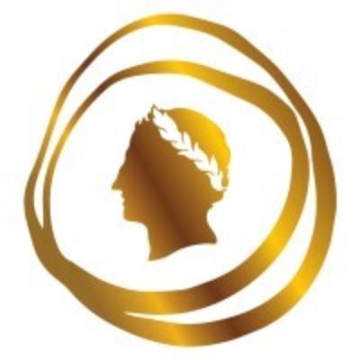 The Golden themed logo has Caesar face while surrounded by two out-of-shape circles.